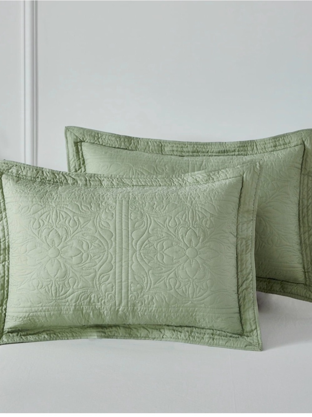Embroidered Quilted Pillow Shams in Sage Green